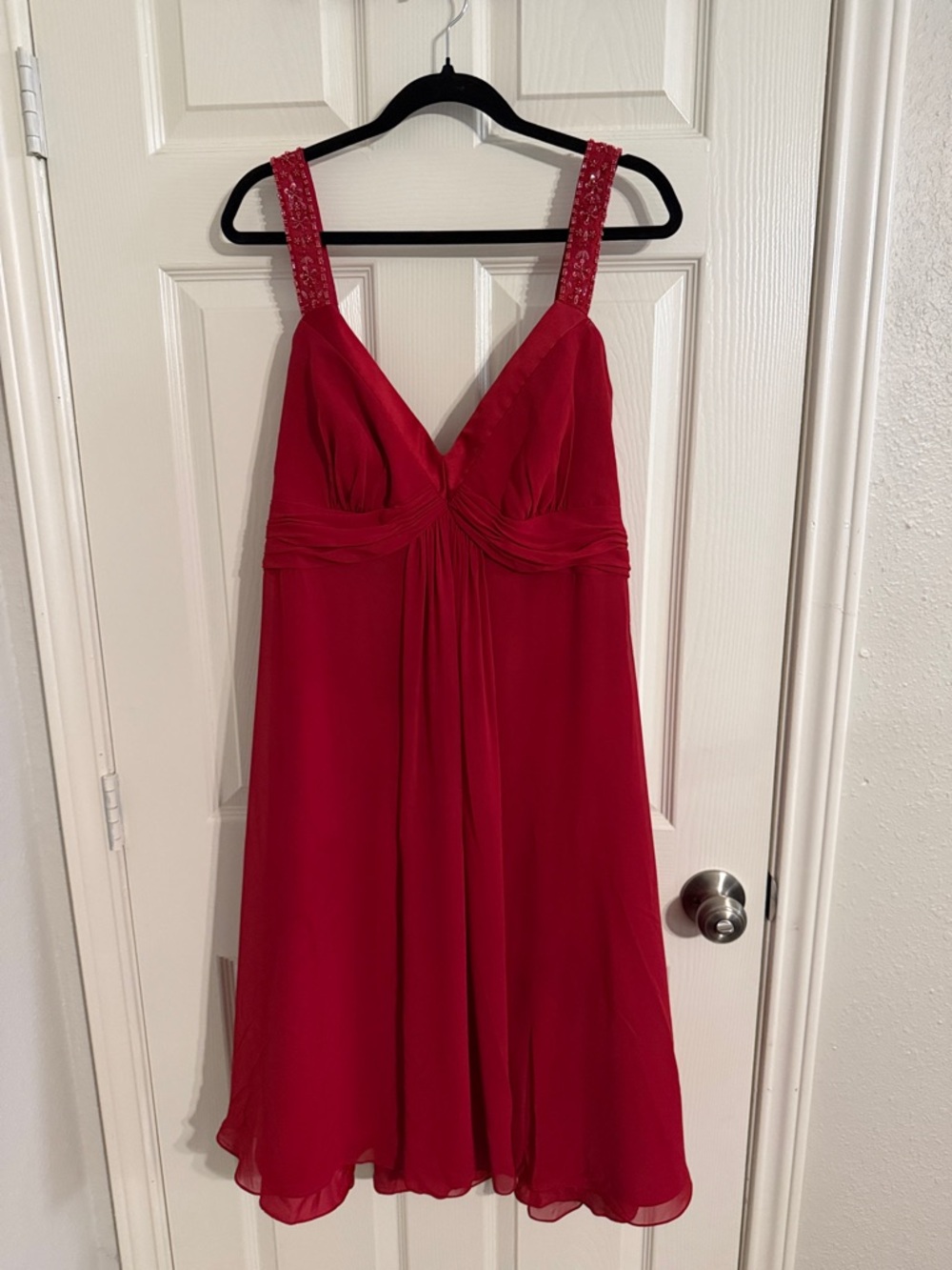 David's Bridal Red V-Neck Chiffon Midi Dress with Beaded Straps